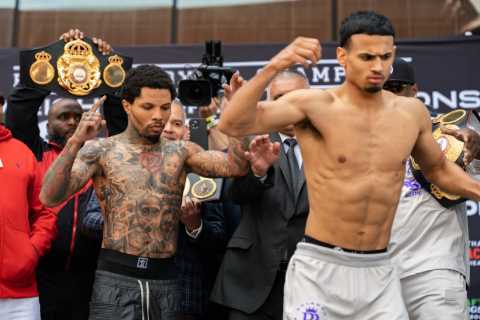 Watch Gervonta Davis push Rolando Romero off stage during weigh in as Mike Tyson’s ex-coach makes fight prediction