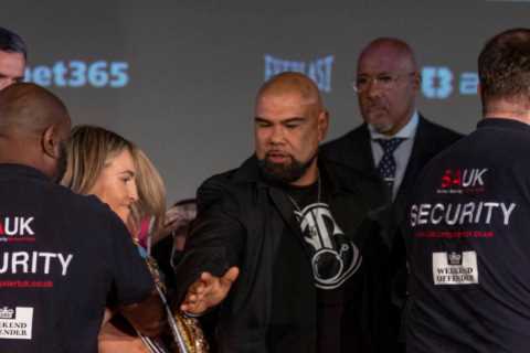 Watch Mikaela Mayer KICK OUT at Alycia Baumgardner as boxing rivals forced apart by security AGAIN ahead of grudge fight