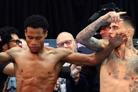 Watch Devin Haney and George Kambosos Jr almost come to blows at weigh-in ahead of undisputed title rematch