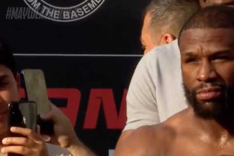 Watch as Floyd Mayweather weighs in over ONE STONE less than YouTuber Deji ahead of exhibition fight in Dubai