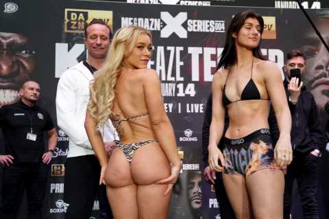 OnlyFans star turned boxer Elle Brooke wears zebra-print bikini as she tucks in to beer and burger at weigh-in