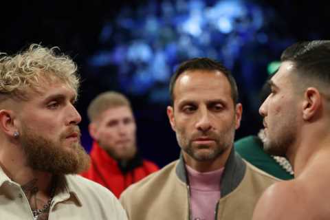 Jake Paul faces off with poster of Tommy Fury after vowing to KO bitter rival in four rounds after press conference snub