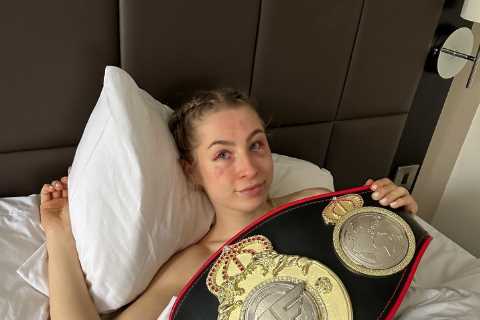 Astrid Wett poses topless in bed after beating AJ Bunker in Misfits fight but fans call new strap a ‘Toys R Us belt’