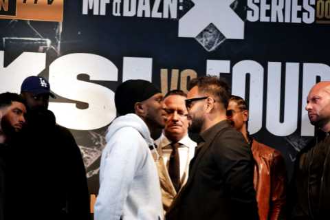 Watch KSI get shoved by Joe Fournier after heated press conference as YouTuber apologises for using a vile racial slur