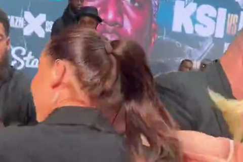 Astrid Wett narrowly avoids wardrobe malfunction as she’s attacked by OnlyFans rival at KSI press conference
