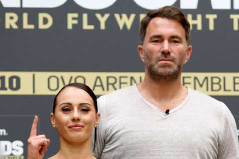 Ebanie Bridges in stitches as Eddie Hearn desperately tries not to stare at topless OnlyFans fighter at weigh in
